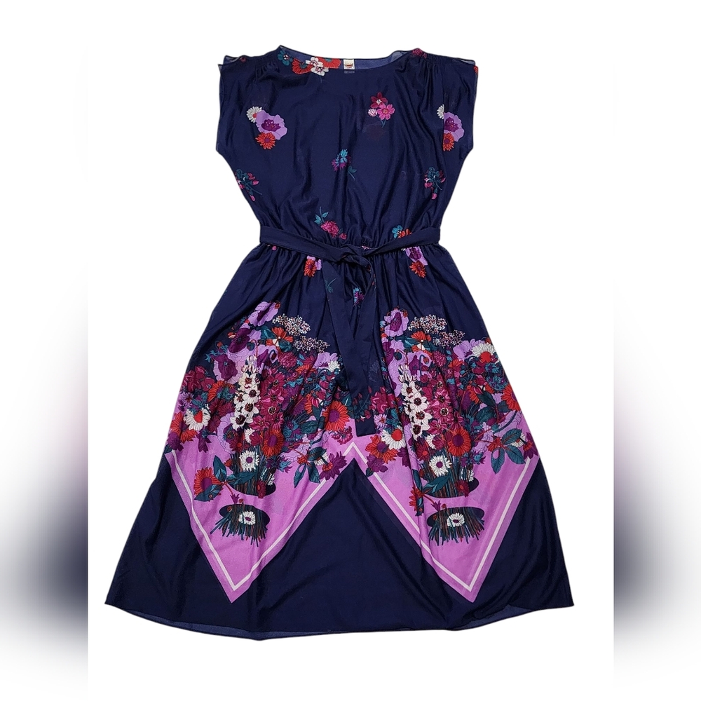 Vintage 1970's Union Made USA Sheer Purple Floral Print Cinch Waist Dress 12